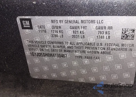 2017 Chevrolet Sonic Lt Auto from USA, damaged, VIN 1G1JD5SH8H4130467